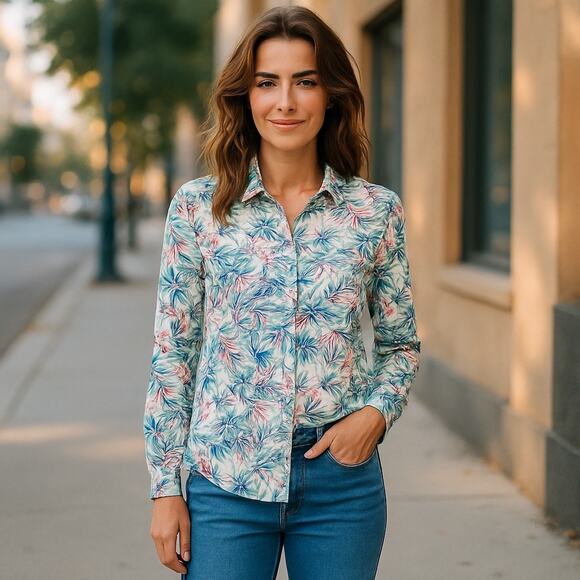 Reel Legends Adventure Shirt Women’s XL Button Front Long Sleeve Tropical Print - Picture 1 of 7